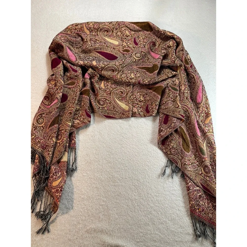 Boho Paisley Pashmina Shawl Scarf Burgundy Pink Gold Fringe Wrap 28x76